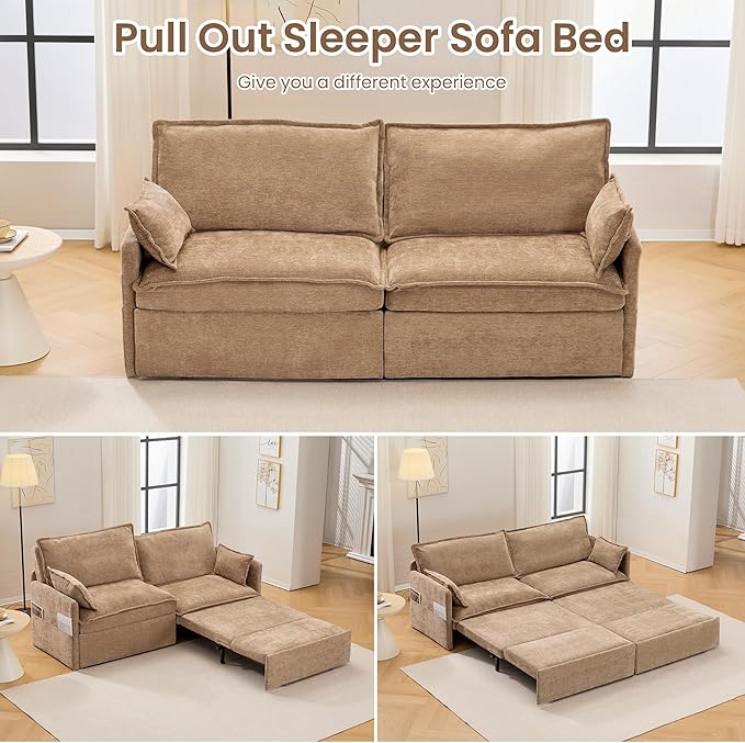 King Size Pull Out Couch3-in-1 Corduroy Sleeper Sofa Couch with Pull Out sofa bedUSB &amp Side StorageConvertible Loveseat Sleeper couch for Living Room Bedroom pet-friendly (Khaki 73.6'')