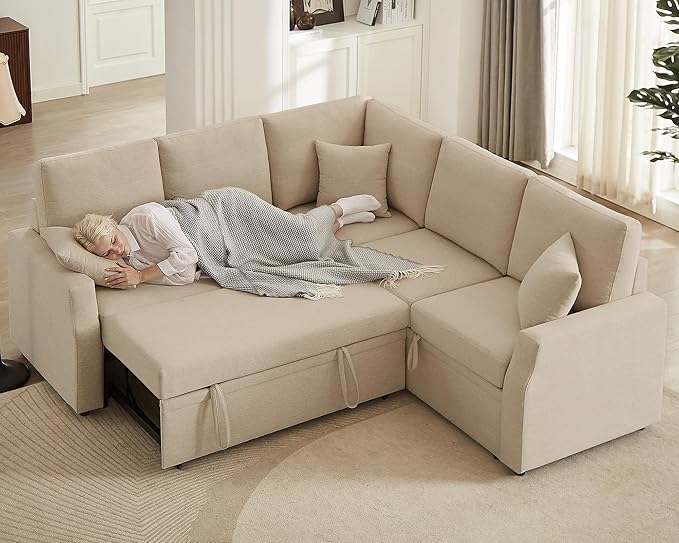 AMERLIFE 85 Inch Sofa Bed Oversized L Shape Couch with Pull Out Bed &amp Storage Seat Oversized Reversible Sleeper Sofa for Living Room Apartment Beige Linen Couch