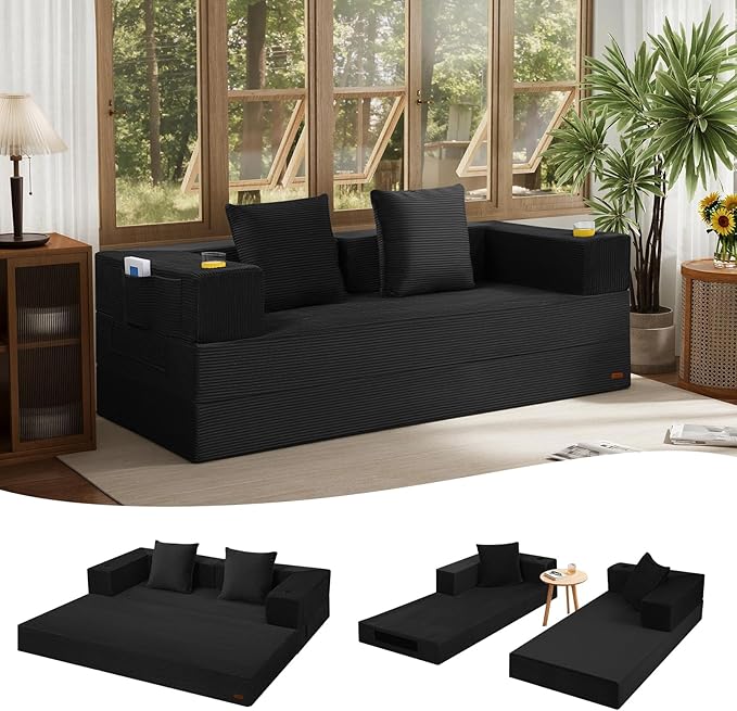 COMAX Boneless Couch Futon Sofa Bed Couches Versatile Queen for Living Room 79 4 in 1 Convertible Sleeper Corduroy Couch Foam in a Box Foldable Fold Out Floor Mattress No Assembly Required Black
