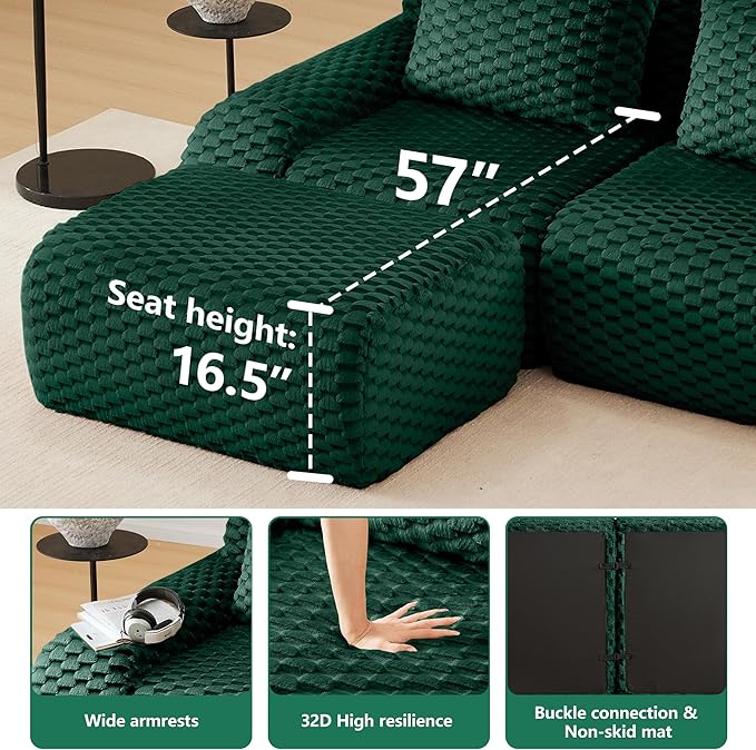 Cloud Sectional Couches for Living Room Boneless Couch Modular Sectional Sofa Modern Deep Seat Sofa with Pillows 4 Seater Comfy Floor Couch for Bedroom No Assembly RequiredGreen