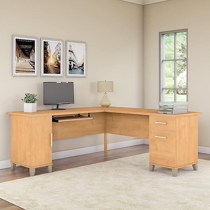 Bush Home Somerset 72W L Shaped Desk with Storage in Maple Cross 72-inch Large Corner Computer Table for Home Office Workspace