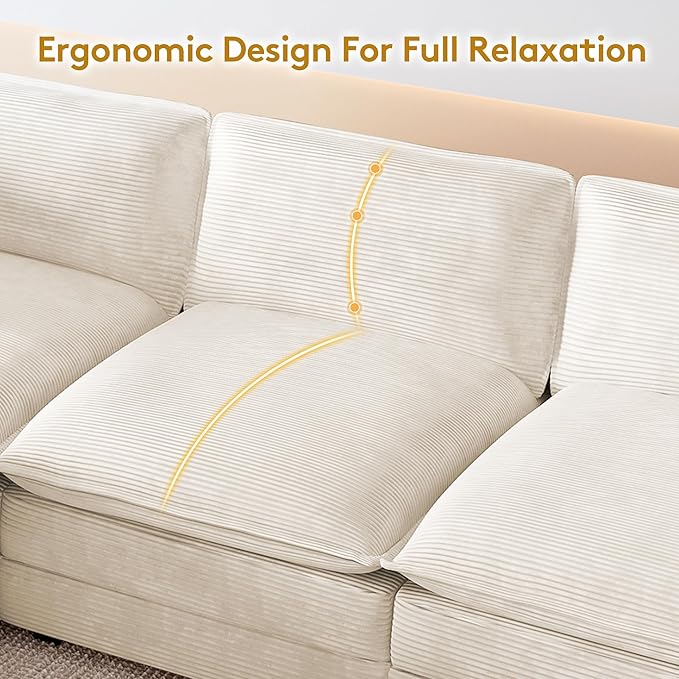 ROWHY 112'' Oversized Modular Sectional Cloud Couch with Movable Ottoman 4 Seat Modern Corduroy Sofa Deep Seat L Shaped Couch for Living Room Bedroom Apartment Cream