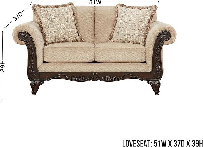 Hernen Carved Wood Frame Loveseat Beige Wheat