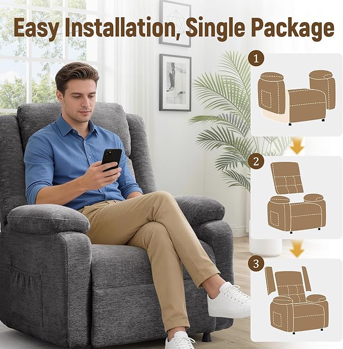 Power Recliner Chair Living Room Chairs for Adults Oversized Electric Recliner with Side Pockets Chenille Fabric Reclining Chair for Living Room Bedroom