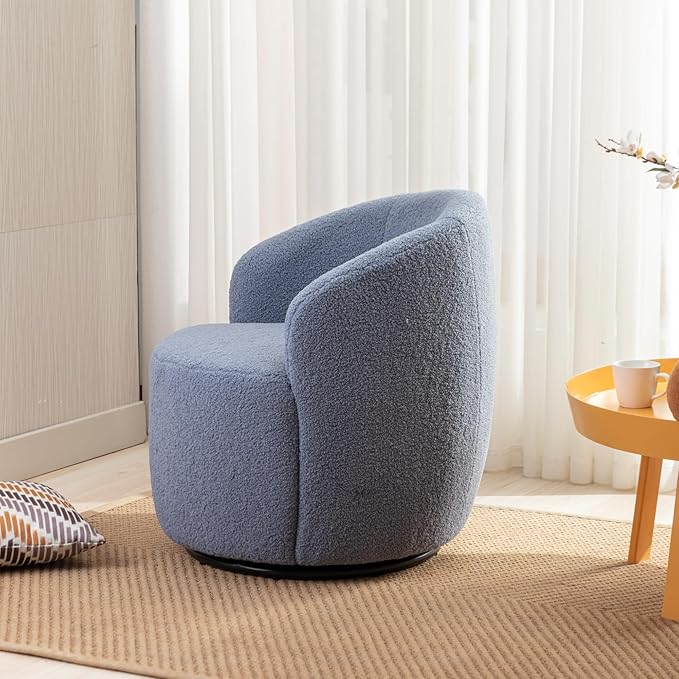 Swivel Barrel Accent Chair 360° Swivel Chair with Black Powder Coating Metal Ring Small Leisure Chair Single Sofa Chair for Living Room Hotel Bedroom Office Coffee Shop (Light-Blue + Wool)