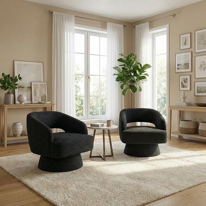 Swivel Barrel Chair - Velvet Upholstered Modern Armchair with Striped Backrest &amp Plush Padding Round Lounge Chair for Living Room Bedroom (Black-Openwork-(2 Pcs))