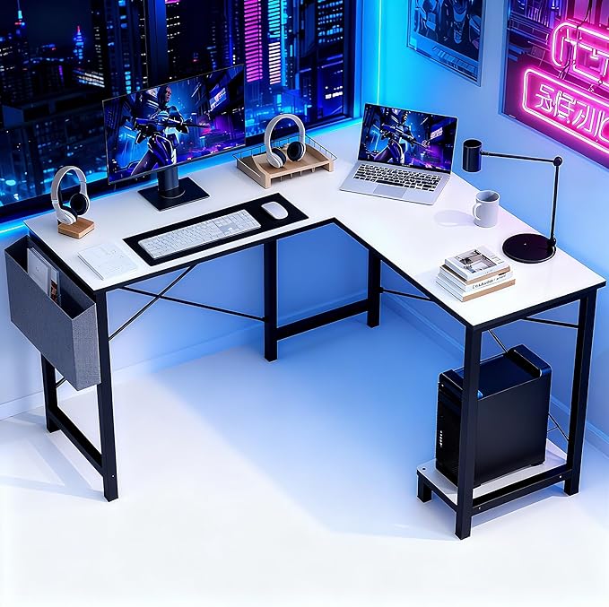 OLIXIS L Shaped Desk 50-Inch Office Computer Gaming Desks Corner PC Table with Side Bag and Reversible Shelf for Home Work Study Writing White