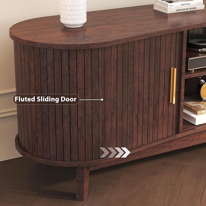 Mid-Century Modern TV Consoles with Sliding Doors 59.4 Fluted TV Stand with Power Outlet and Open Shelves Entertainment Center for Living Room Bedroom Red Brown
