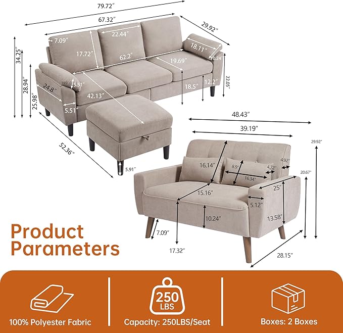 Convertible Sectional Sofa Modern 3 Seater Sofa and Loveseat Set with Storage Ottoman L Shaped Couch with Reversible Chaise 2 Piece Sofa Set for Living Room Apartment Beige