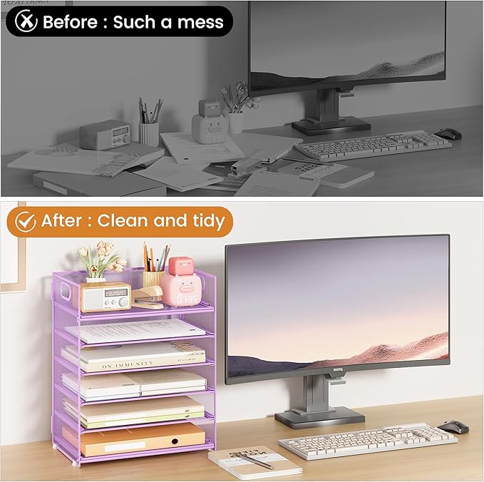 Subekyu 6-Tier Desk Paper Organizer Desktop File Letter Tray with Handle Document Sorter and Accessories Holder for Office Home and School Workspace Organizers Purple-2 Pack