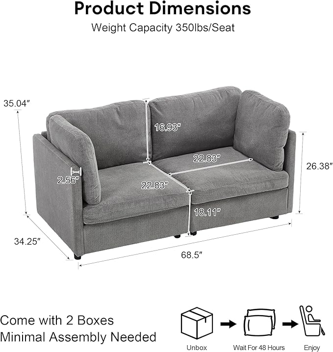 Modern Loveseat Sofa 68.5 inches Living Room Couch Light Gray Chenille Fabric 350 lbs Weight Capacity