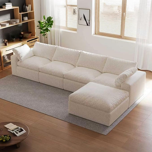 140’’ Oversized Boneless Couch for Living Room Cloud Couch Modular Sectional Free Combination with Ottoman Washable Cushion Cover No Assembly Required White (4-Seat + 1 Ottoman)