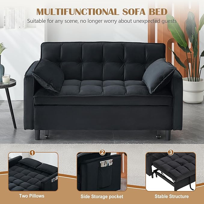 3 in 1 Convertible Sleeper Sofa Bed Modern Velvet Loveseat Pull-Out Couch Futon Love Seat Lounge Sofa with Pull-Out Bed &amp Adjustable Backrest and Side Pocket for Small Apartment Bedroom