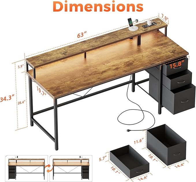 Mericonia Computer Desk 63 inch with Power Outlets &amp LED Lights Gaming Desk with 3 Drawers for Home Office Small Desk with Monitor Stand for Small Spaces Study Writing Desk