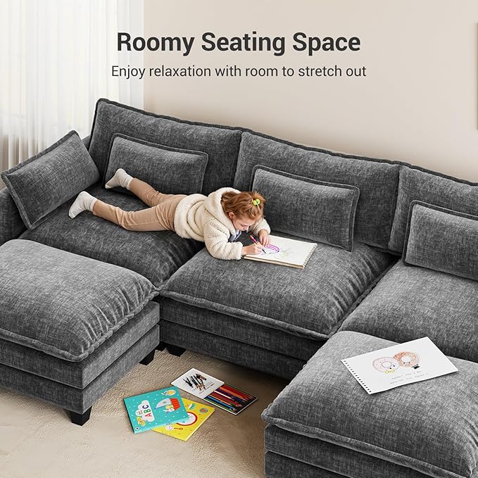 Amada Sectional Couches for Living Room U-Shaped Comfy Cloud Modular Sectional Sofa 5-Seater Chenille Deep Seat Sofa Sleeper with 2 Movable Ottomans &amp Throw Pillows (Grey)