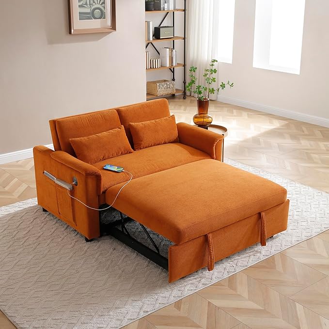 Sofa Bed Pull Out Couch with Side Pockets 3 in 1 Velvet Loveseat Sleeper Sofas Beds with USB Ports Sofa Bed Couch with Adjustable Backrest for Living Room Bedroom Apartment Orange