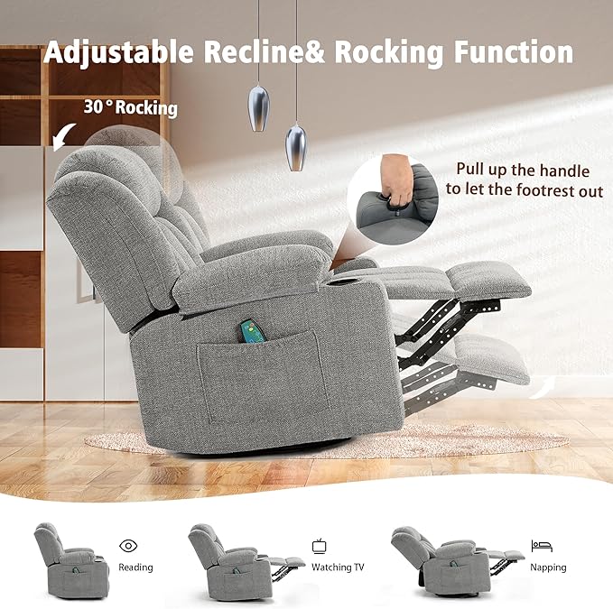Rocker Swivel Recliner Chair for Adults Overstuffed Large Manual Recliner Glider with Massage and Heat Comfy Soft Fabric Living Room Reclining Sofa Chair (Lime Gray)