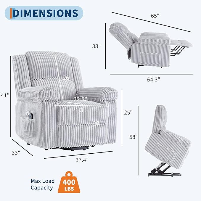 GarveeHome Power Lift Recliner Chair - Heat and Massage Electric Lift Plush Recliner with Soft Padded Seat Back Support &amp Armrests Designed for the Elderly and People with Mobility impaired