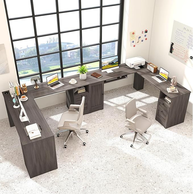 Giantex 66 L-Shaped Desk with Storage Drawers &amp Charging Station Spacious Corner Computer Desk with Keyboard Tray Adjustable Shelf Cabinet Huge Workspace Home Office Study Writing Desk (Grey
