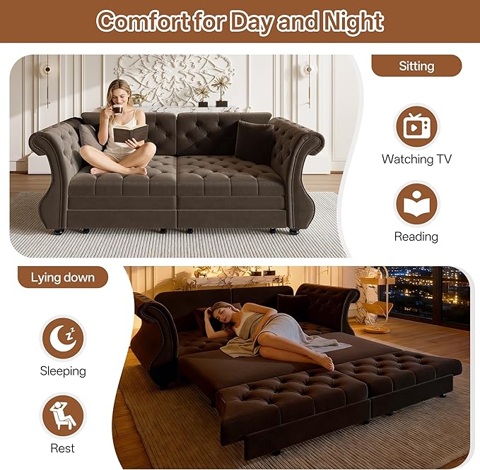 KEIKI 83.8 Classic Chesterfield Sleeper Sofa for Small Spaces Pull Out Velvet Couch with Rolled Arms Elegant Tufted Design