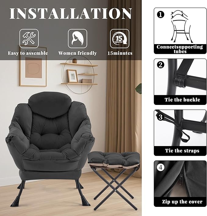 Lazy Chair with Ottoman Comfy Accent Lounge Chair with Side Pocket Modern Reading Armchair with Footrest Upholstered Sofa Chair for Small Spaces Bedroom Living Room Dorm Black