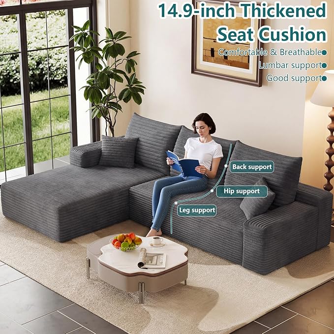 95 Modular Sectional Couch Boneless L Shaped Cloud Sofa with Chaise Lounge Corduroy Upholstered Couches Memory Foam Deep Seat No Assembly Required Ideal for Living Room(Dark Gray Left Facing)