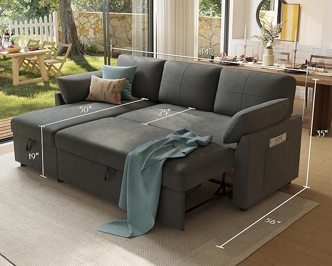 Jocisland Sofa Bed L Shaped Sleeper Sofa with Storage Chaise Pull Out Sofa for Living Room Guest Room Apartment Grey Linen Couch