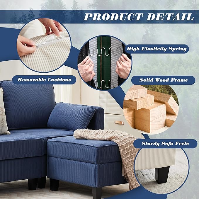 MAGIC UNION Convertible Sectional Couches for Living Room - Small Space Couches L-Shaped Sofa Upholstered 3 Seats Sofas W/Storage Chaise USB Ports Side Pockets and Pillows (Corduroy Fabric Blue)