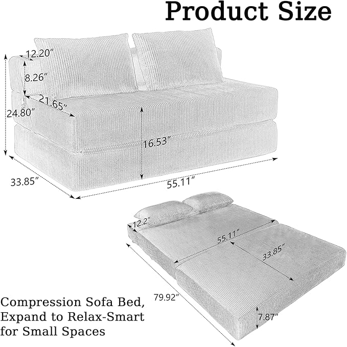 55 Convertible Folding Sofa Bed with 2 Pillows Corduroy Foldable Sleeper Sofa for Adult Floor Couch Bed for Living Room Bedroom No Assembly (Black)