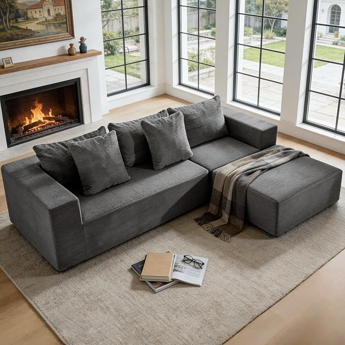 INGEROOM 108 Modular Cloud Sectional Couch with Deep Seat Boneless Sofa with Movable Ottoman Plush Corduroy Memory Foam Couch for Living Room No Assembly Dark Gray
