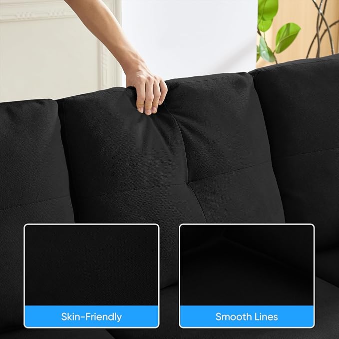 PUREMIND Sectional Couches for Living Room Modern Snow Velvet U-Shaped Sofa Couch with Double Chaise Upholstered 4 Seater Home Sofa for Living Room Apartment Office Black