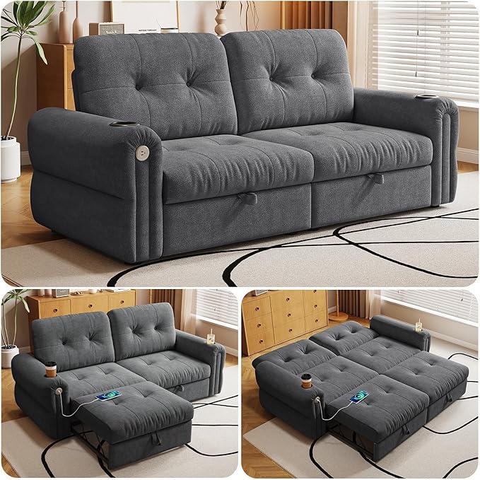 77 Pull Out Sofa Bed Velvet Convertible Sleeper Couch Loveseat Chaise Lounge with Cup Holder and USB Pullout Futon Sofa Bed for Living Room Bedroom Small Spaces RV (Dark Grey)