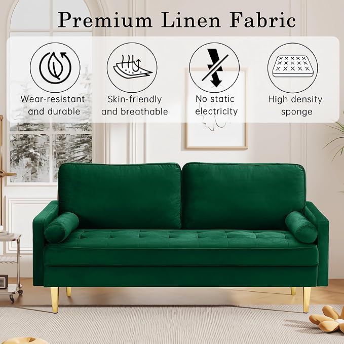 67 Modern Loveseat Sofa Velvet Sofa Comfortable Plush Upholstered 2-seat Sofas Solid Golden Legs Couch for Small Space for Bedroom Living Room ApartmentOffice (Green)