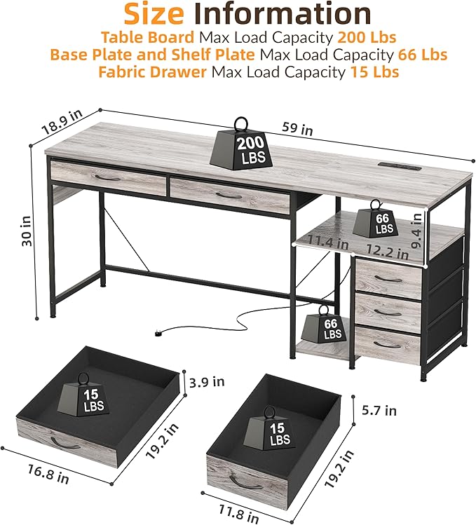 YOSHOOT 60 Computer Desk with 5 Fabric Drawers - Gaming Desk with Storage and Power Outlets Home Office Desk for Adults and Teenagers Working Writing Study Grey