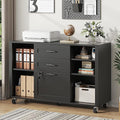 3 Drawer Wood Mobile Large lateral File Cabinet with Lock Lockable Rolling Filing Cabinet with Open Storage Shelves Printer Stand Office Storage for Home Office Fits Files Legal/A4 Black