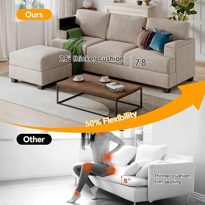 Sectional Couch Sofa with Armrest Organizer85 L Shaped Couch with OttomanVelvet Convertible Couches for Living Room3 Seats Sofas Set for BedroomHome FurnitureKhaki