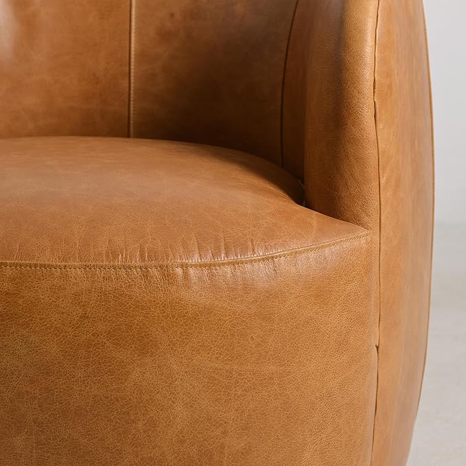 KINWELL 100% Top Grain Genuine Leather Swivel Barrel Armchair No Assembly Modern Upholstered Leather Swivel Accent Chairs with Toss Pillow for Living Room Office Lounge Camel