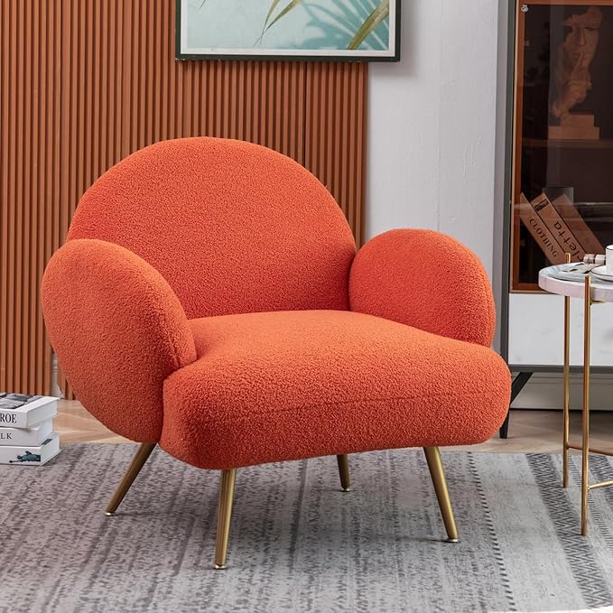 Orange Accent Sherpa Chair Comfy Boucle Chair for Reading Bedroom Living Room with Golden Metal Legs Teddy Tufted Backrest Sofa Armchair Side Chair