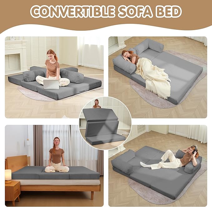 5-in-1 Convertible Sofa Bed76 Boneless Couch Tri Folding Floor Mattress with Removable L-Shaped Armrests &amp HandleCorduroy Futon Couch Sleeper with Pull Out Bed for Living Room Bedroom Apartment
