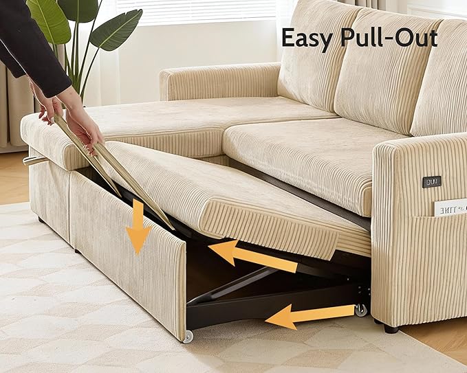 WEUP 82 L Shaped Sectional Sleeper Sofa Bed with Pull Out Bed Sectional Sleeper Couch Pull Out Couch with Reclining Backrest/Reversible Storage Chaise/USB Ports/Tool-Free Assembly Corduroy Beige