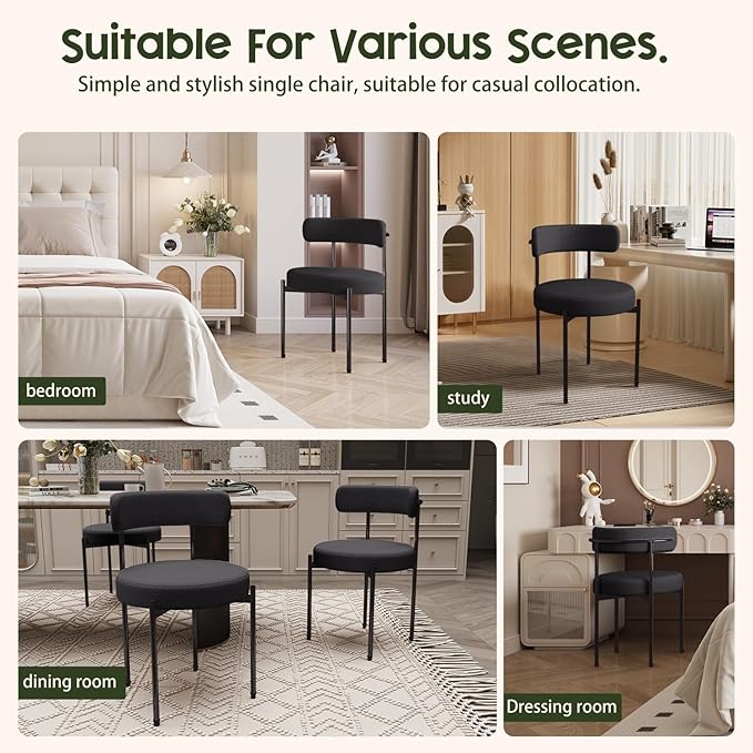 Boucle Dining Chairs Set of 6 Teddy Upholstered Dining Room Chairs Kitchen Chair with Metal Legs Mid Century Modern Chair for Dining Room Kitchen (Black Frame+Black 6)