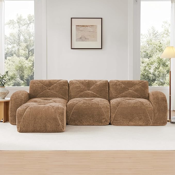 110-Inch Cloud Sectional Couches L-Shaped 4 Seat Boneless Modular Sofa with Ottoman Velvet Tufted Upholstered Boneless Couch Floor Full Foam Sofas for Living Room
