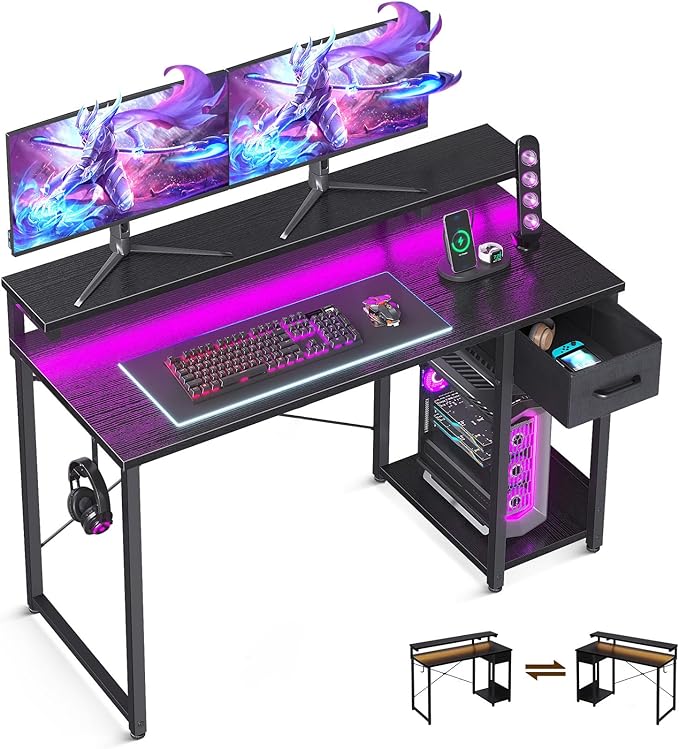 AODK Gaming Desk with LED Lights 48 Inch Computer Desk with Drawers Reversible Small Desk with Monitor Stand &amp Headphone Hook for Home Office Black