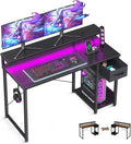 AODK Gaming Desk with LED Lights 48 Inch Computer Desk with Drawers Reversible Small Desk with Monitor Stand &amp Headphone Hook for Home Office Black