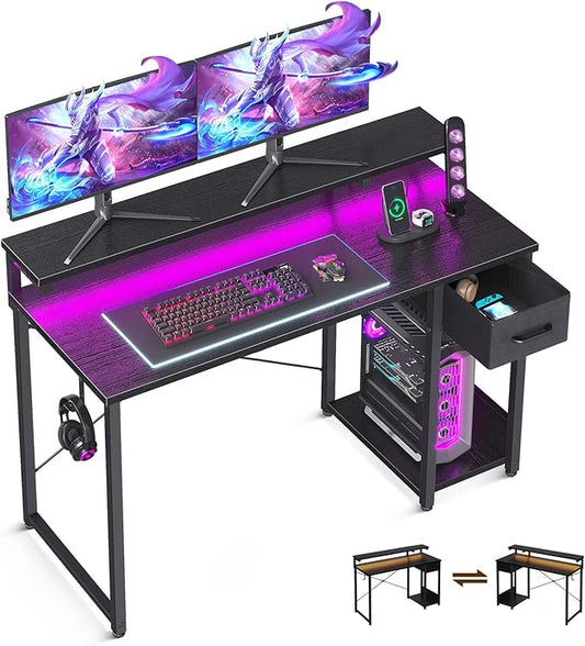 AODK Gaming Desk with LED Lights 48 Inch Computer Desk with Drawers Reversible Small Desk with Monitor Stand &amp Headphone Hook for Home Office Black