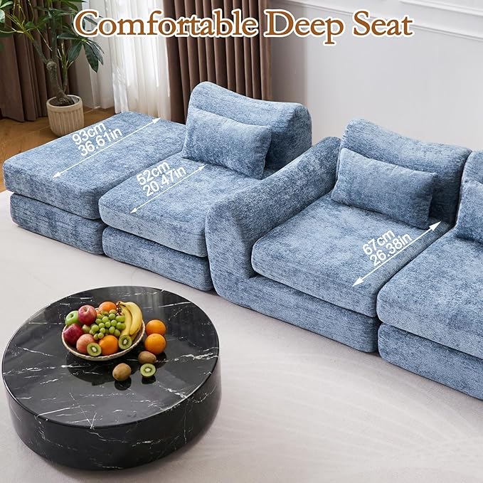 105” Modular Sectional Sofa Convertible Sofa BedTransforms into Single or Double Sofa Chenille Fabric Cloud SofaModern Soft Boneless Comfort No Assembly Required Blue