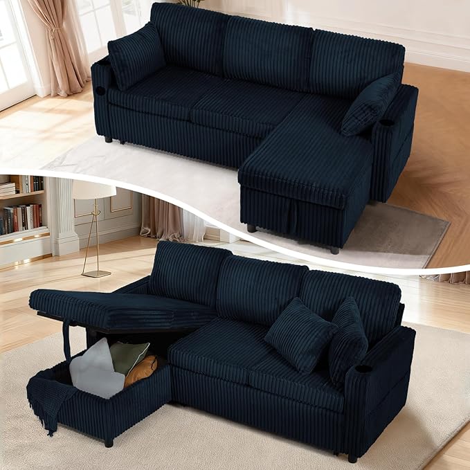 84 Corduroy Pull Out Sofa Bed w/Adjustable Backrests Sectional L-Shape Sleeper Sofa w/Storage Chaise Convertible Couch Bed w/USB Charging Port &amp Cup Holders for Living Room House Blue