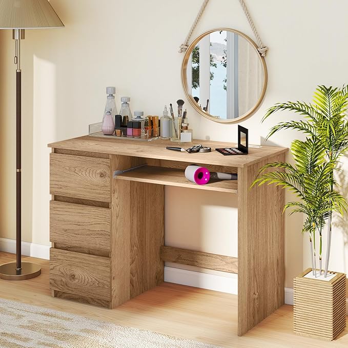 GOFLAME Computer Desk with 3 Drawers &amp Charging Station 42” Home Office Desk with Storage &amp Keyboard Tray Writing Desk PC Workstation Vanity Table (Natural)