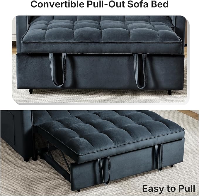 Rovibek 3 in 1 Sleeper Sofa Bed 53'' Pull Out Couch Convertible Futon Loveseat with Adjustable Backrest Velvet Sleeper Chaise Lounge Futon for Apartment Office Small Space Black