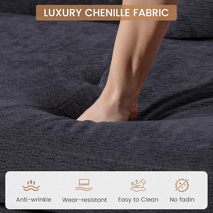 Convertible Sofa Bed 3-in-1 Sleeper Sofa with Pull-Out Bed Chenille Couch Folding Loveseat USB Ports &amp Adjustable Backrest Modern Loveseat for Living Room Apartment Black